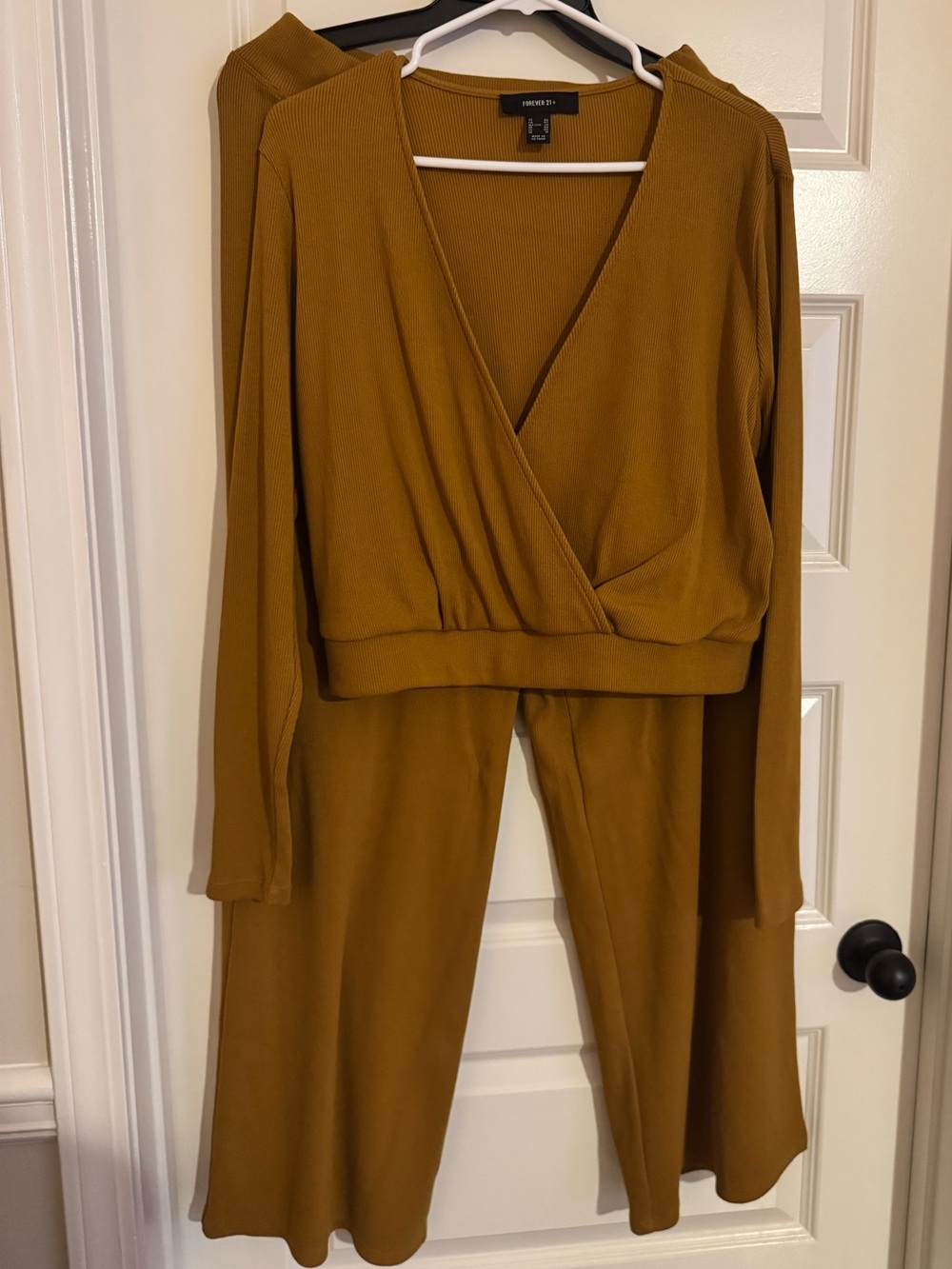 Forever 21 Mustard Ribbed Wrap-Style Wide Leg Jumpsuit
